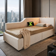 LETTO Daybed 90x200 cm in velluto beige con stoccaggio idraulico, lampada e USB-C