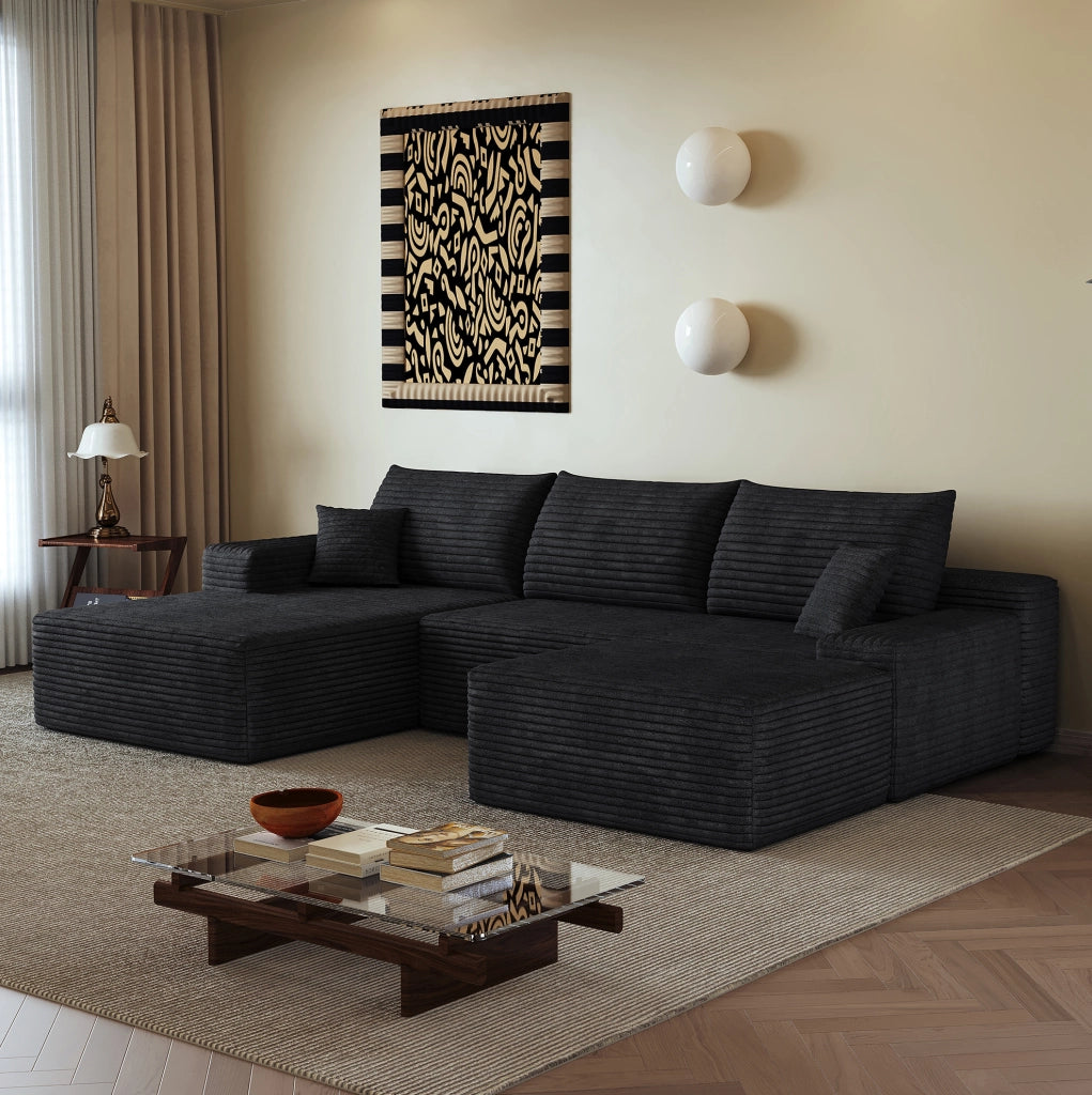 Divano nero 270x175x83 cm rivestito in tessuto di velluto a coste