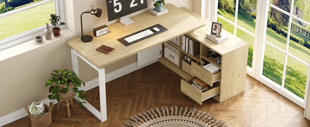 Scrivania angolare con 2 cassetti, 3 vani aperti e 1 armadietto chiuso, per ufficio e studio, 152 × 113,5 × 76 cm