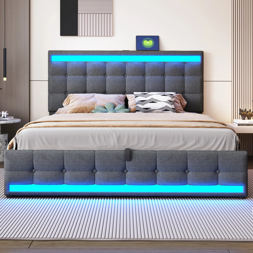OKWISH Letto Contenitore 180×200 cm, Letto Matrimoniale con LED RGB Regolabile, USB e Testiera Regolabile, senza Materasso, Grigio