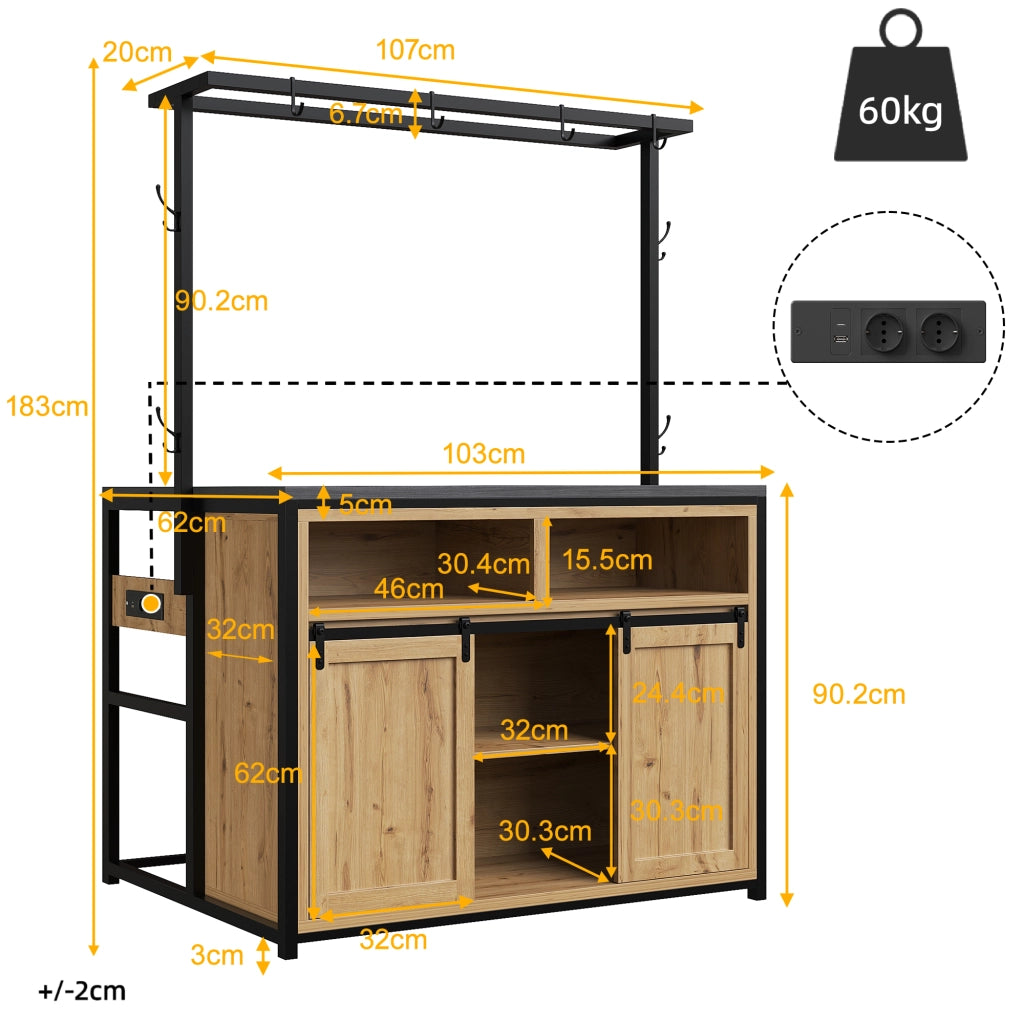 Mobile da cucina con 2 sgabelli; prese integrate; vani aperti e ante scorrevoli; per cucina e sala da pranzo