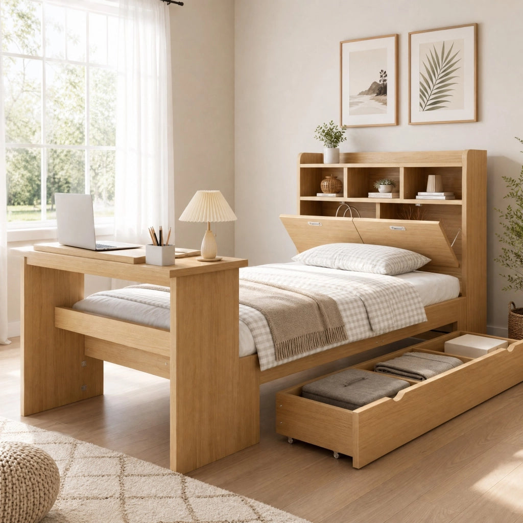 Letto singolo 90x200 cm con scrivania pieghevole e cassetto