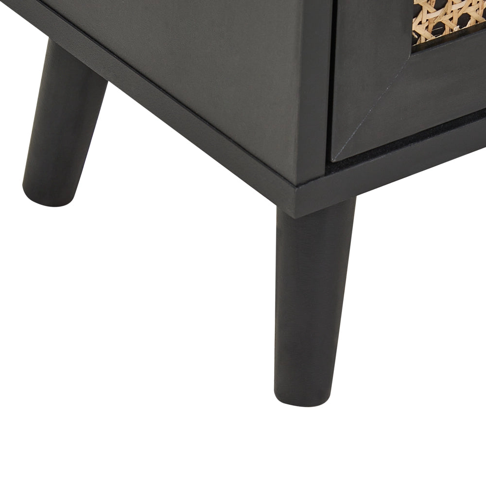 Comodino a 2 cassetti Legno di manifattura nero con cassetti frontali in rattan Comodino con gambe in legno di gomma nero Camera da letto in stile Boho