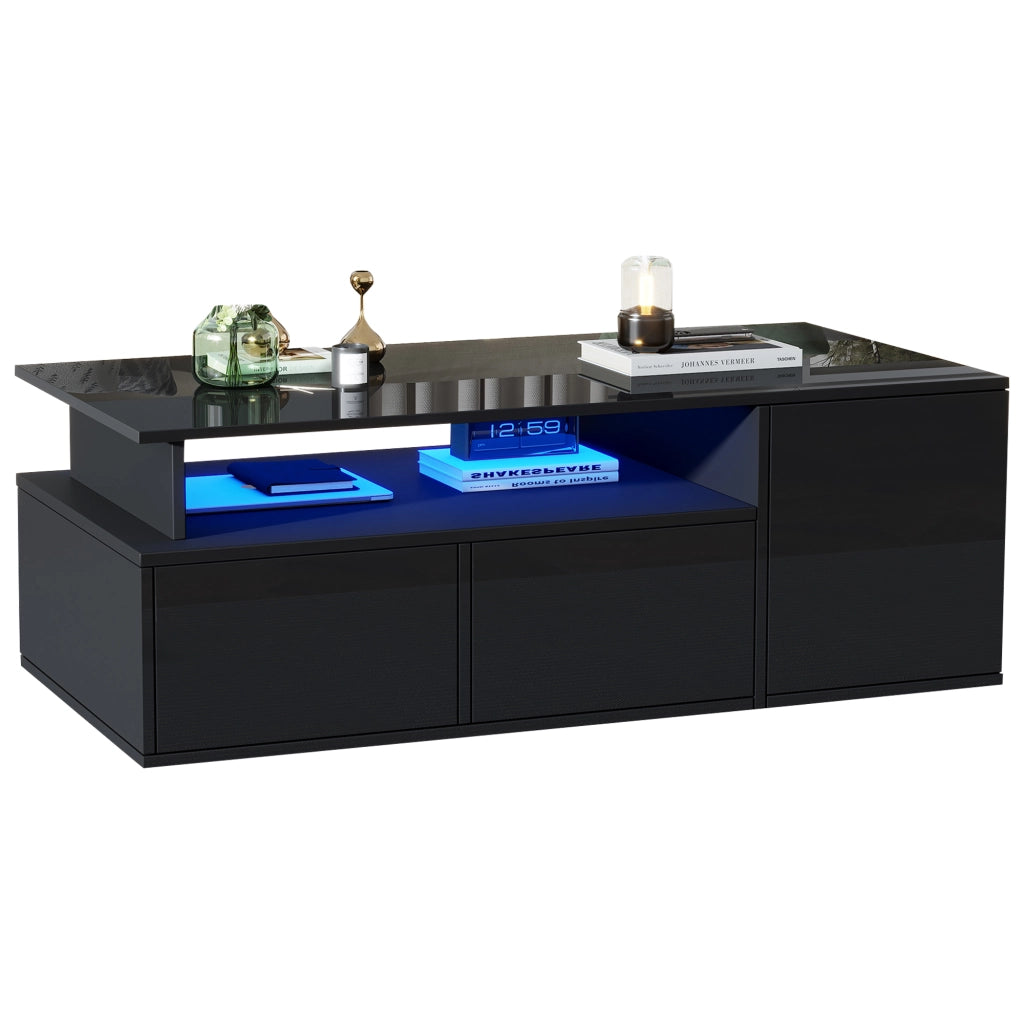 Tavolino da salotto 100 x 50 x 35 cm con LED, 2 cassetti e ampio spazio contenitivo, nero lucido