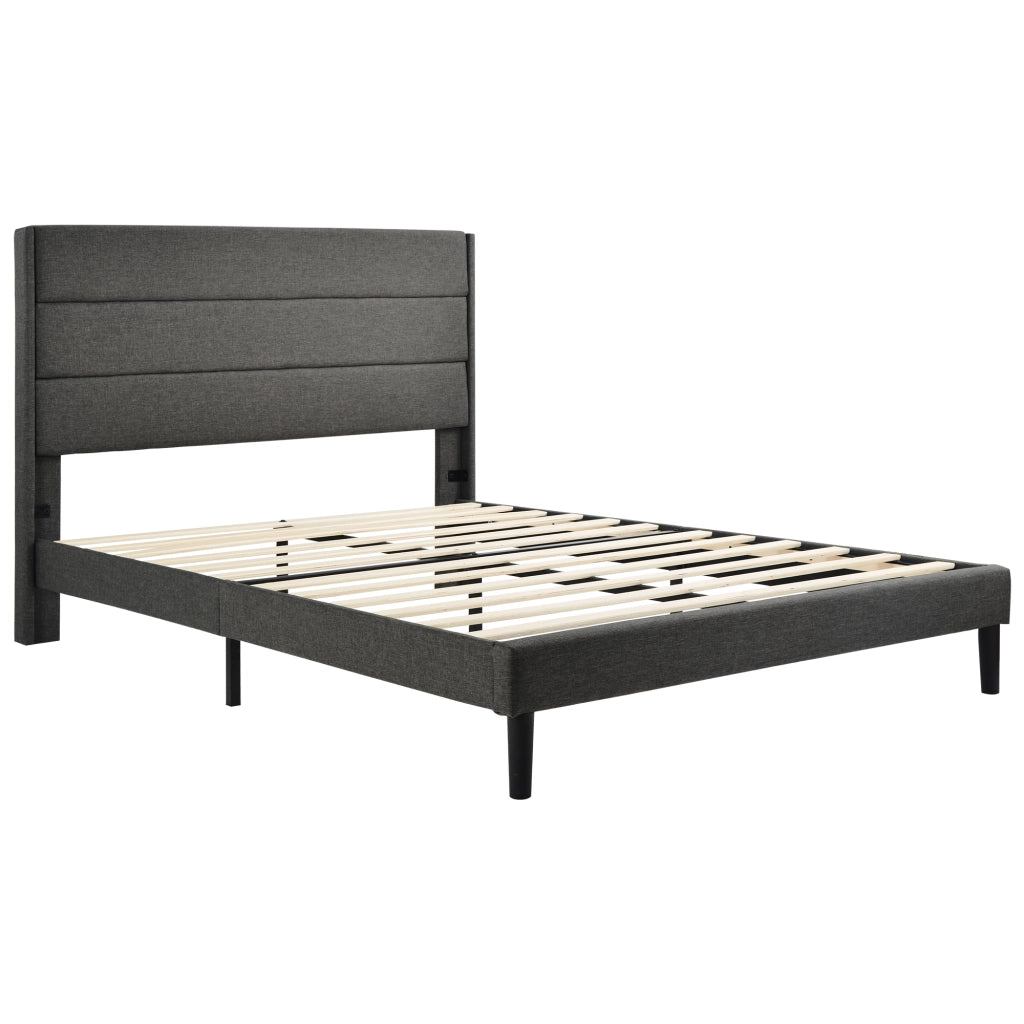 Letto imbottito 140x200 cm con materasso, rete a doghe e testiera, design moderno salvaspazio, grigio scuro