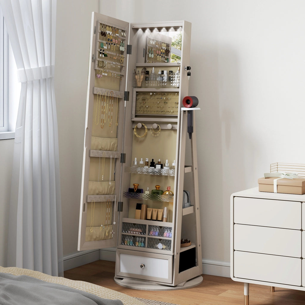 Specchiera Portagioie con LED ¨C Xylo ¨C Rotazione 360¡ã Cassetto con Serratura Naturale