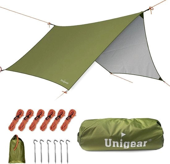 Telo impermeabile 350 x 290 cm / 450 x 420 cm, telo a sei angoli con occhielli + 6 barre in alluminio + 6 cavi, telo per lettini, ombrelloni, tende da campeggio