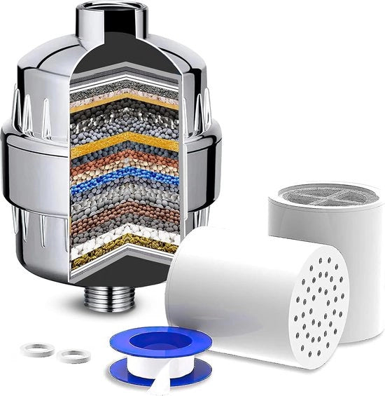 Filtro per doccia a 25 stadi, Filtro per acqua dura per doccia, Filtro per doccia per rimuovere Fluoruro e Cloro, Filtro per doccia, Purificatore d'acqua con 2 caricatori