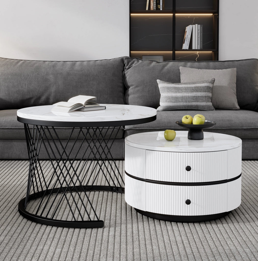 Set tavolini da caffè 60x60x46 cm e 50x50x31 cm; con 2 cassetti; MDF; bianco