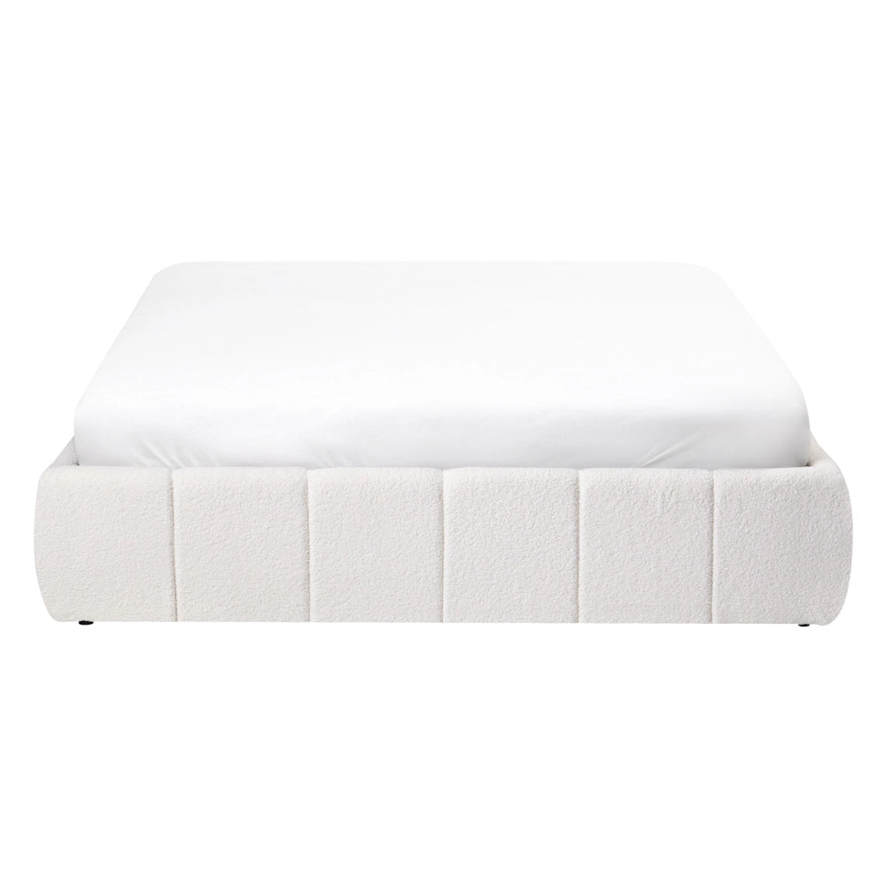 Letto matrimoniale in tessuto bouclè bianco sporco imbottita, con contenitore e panca 140x200 cm design moderno