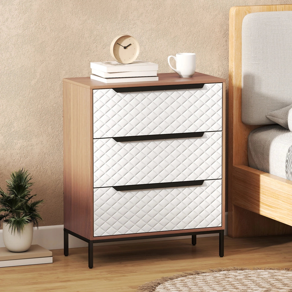 Com¨° con 3 Cassetti in Tessuto Effetto Diamantato ¨C Zephmum ¨C Bianco e Naturale 60x40x40