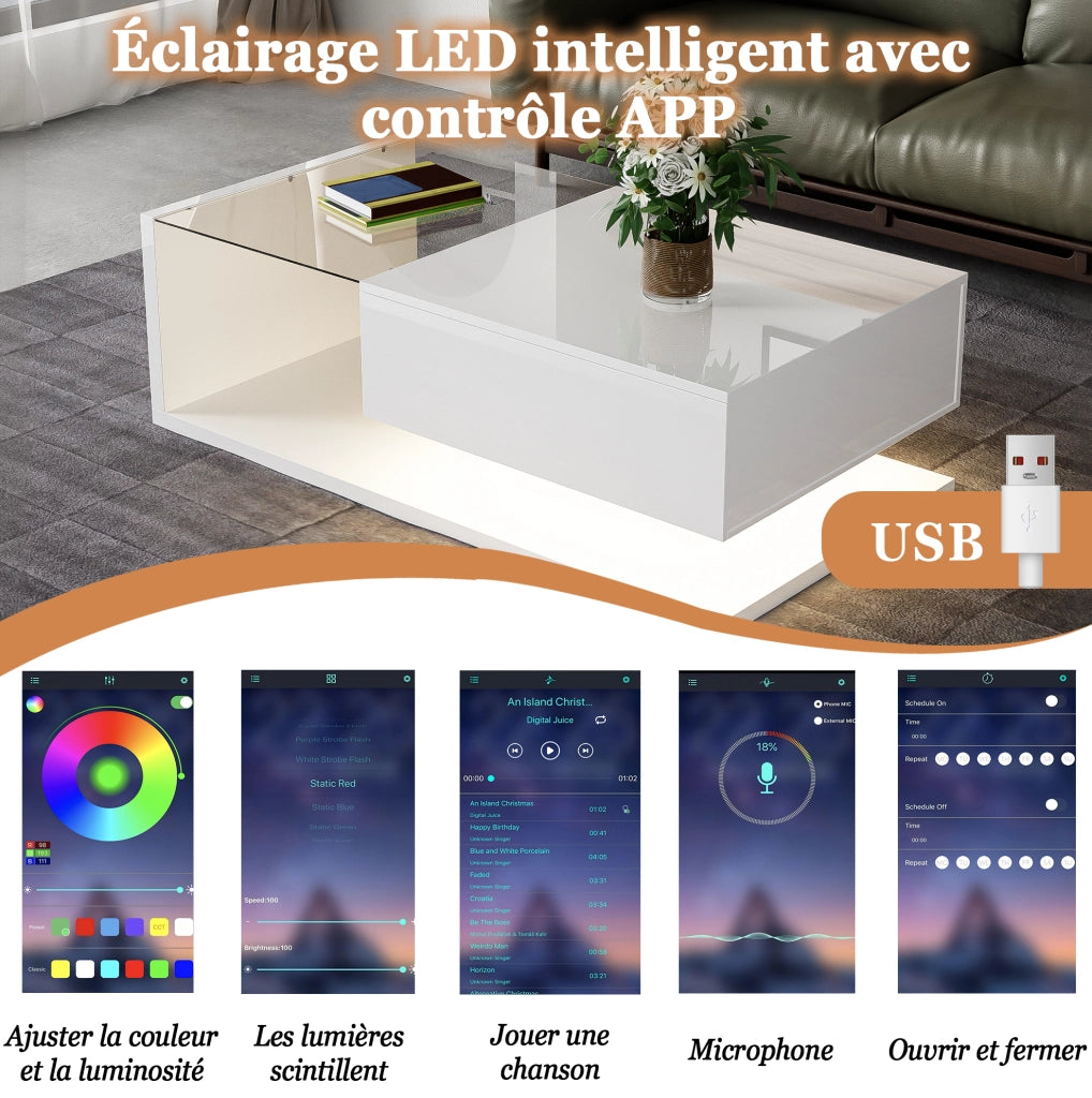 Tavolino da caffè con LED e ripiano; 105x55x32;5 cm; pannello truciolare bianco lucido