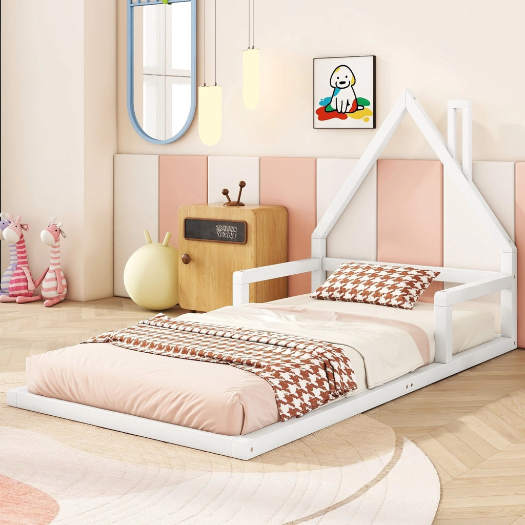 Letto per bambini bianco a forma di casa in legno di pino massello 90x200 cm