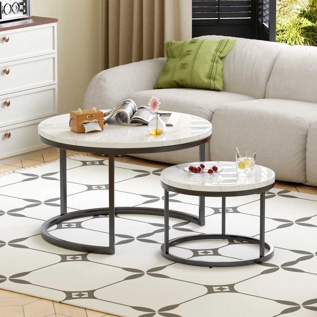 TAVOLINI DA CAFFÈ Set 2 Pezzi 70x70x45 cm Effetto Marmo Bianco con Struttura Nera