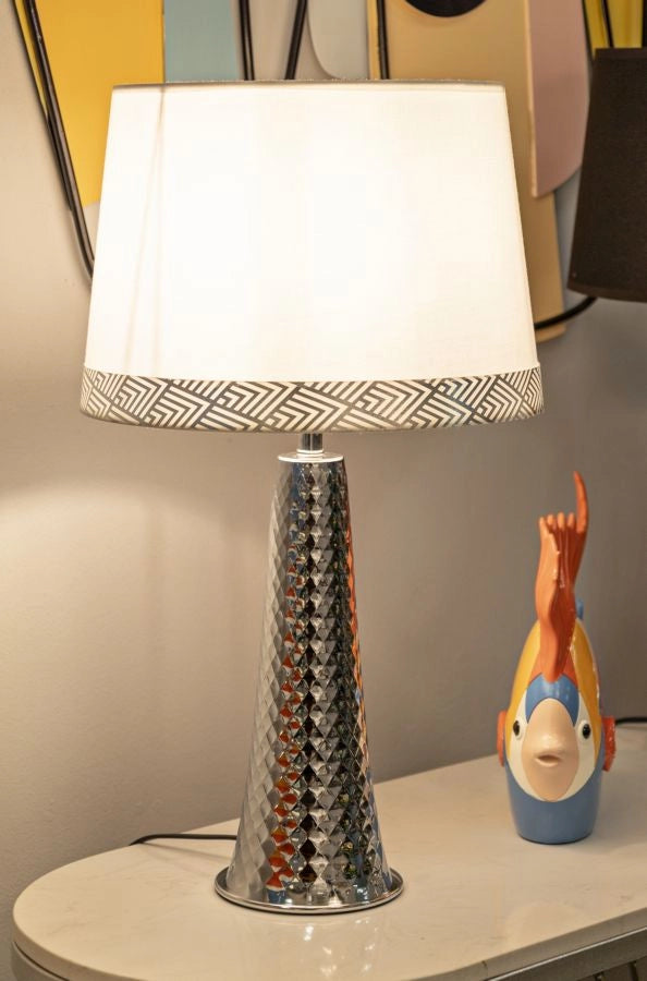 Lampada da Tavolo Tower Argento Ø30x54 cm in Ferro e Tessuto Argento e Bianco