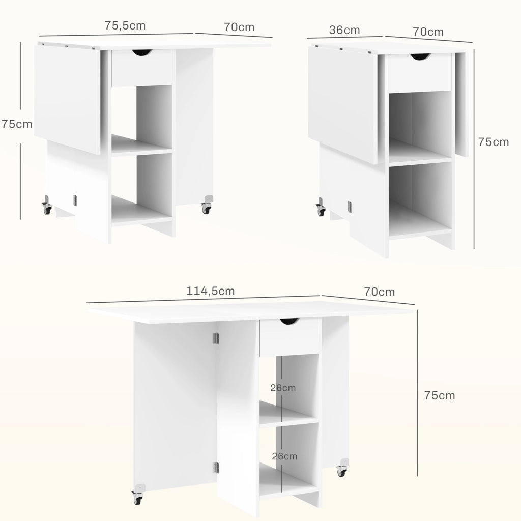 Tavolo da pranzo pieghevole salvaspazio per 2-4 persone, con cassetto e vani aperti, 114,5 x 70 x 75 cm, bianco