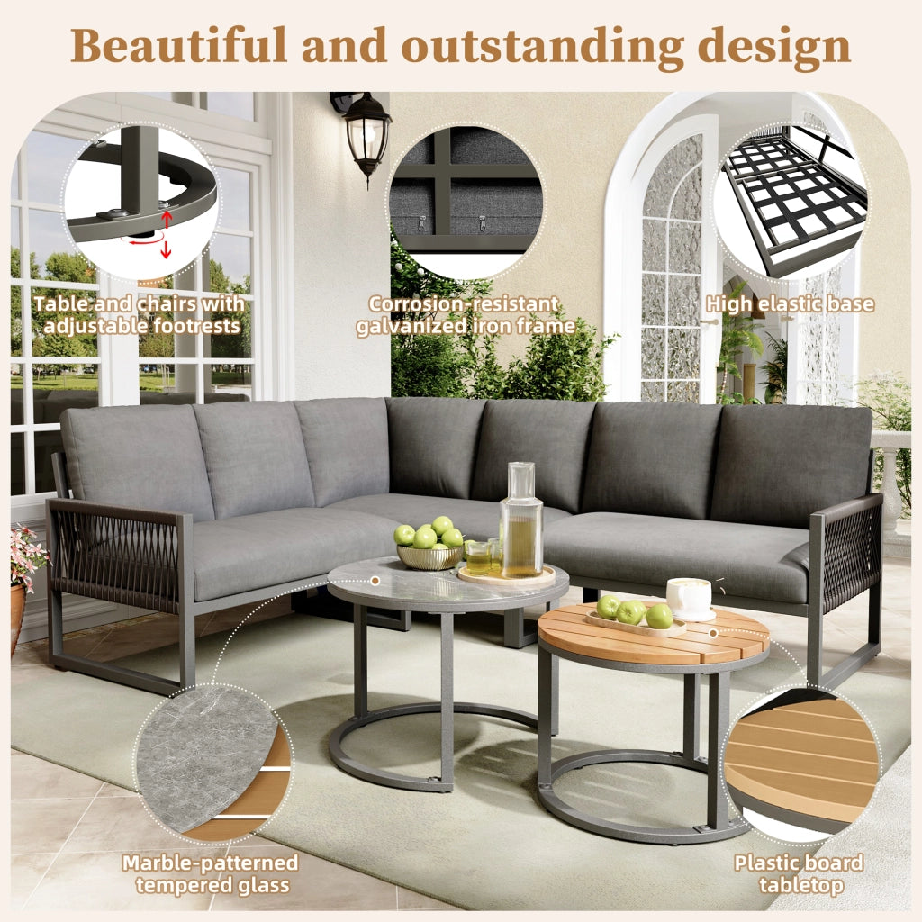 Set da giardino con divano angolare e 2 tavolini in metallo e poliestere grigio con cuscini e gambe regolabili