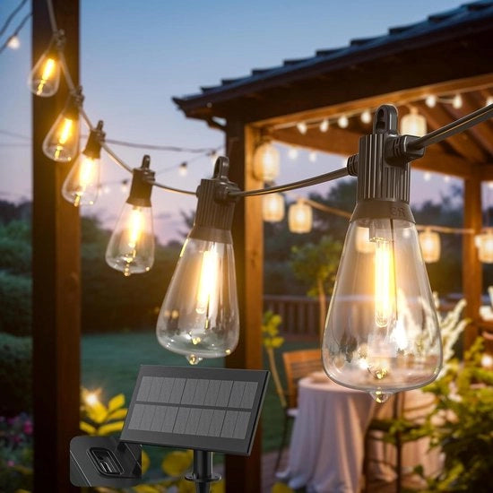 Catenaria LED a energia solare per esterni - 10 m catenaria LED - ricarica USB - 5 modalità di illuminazione - IP65 impermeabile all'acqua - 15 + 1 lampadine - caldo bianco - giardino terrazza