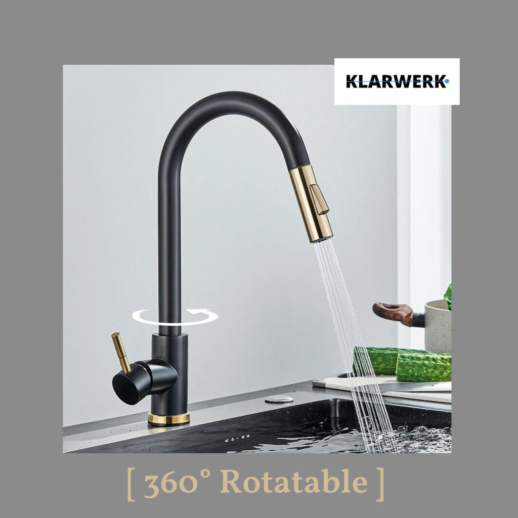 JANA | Rubinetto da cucina estensibile Premium in acciaio inossidabile oro nero | Miscelatore alto Bogo alta pressione ruotabile a 360° 2 attacchi
