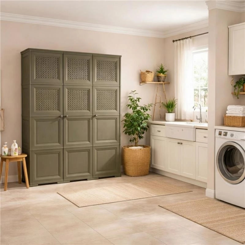 ARMADIO 3 ANTE WENGÉ 118X43X164 CM CON PUNTALI, ANTE TRAFORATE E VANO PORTASCOPA – MOBILE ALTO ORGANIZZATORE PER INGRESSO E RIPOSTIGLIO