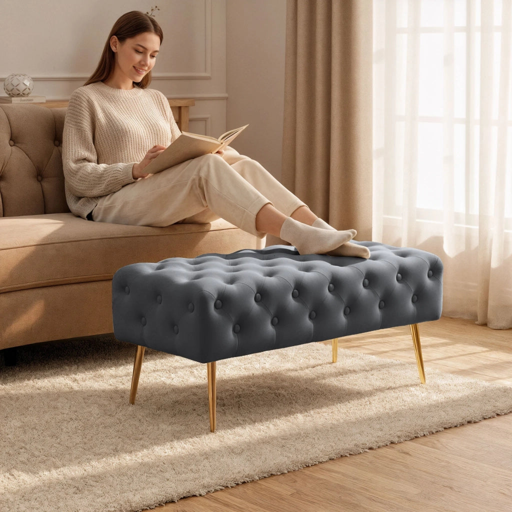 Panca imbottita in velluto trapuntato 100 cm MONACO Grigio Scuro