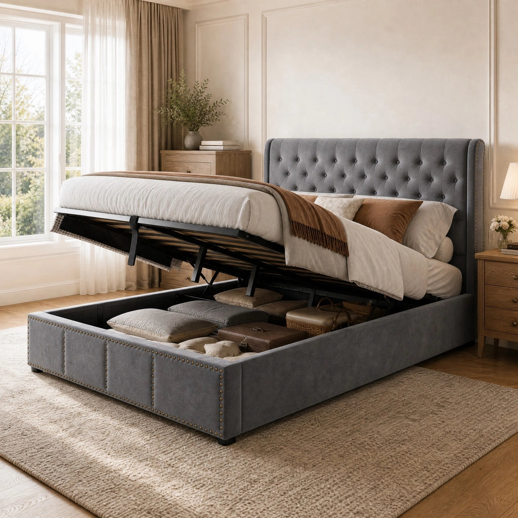 Letti contenitori 160x200 cm con contenitore e rivetti; velluto grigio (Senza materasso)