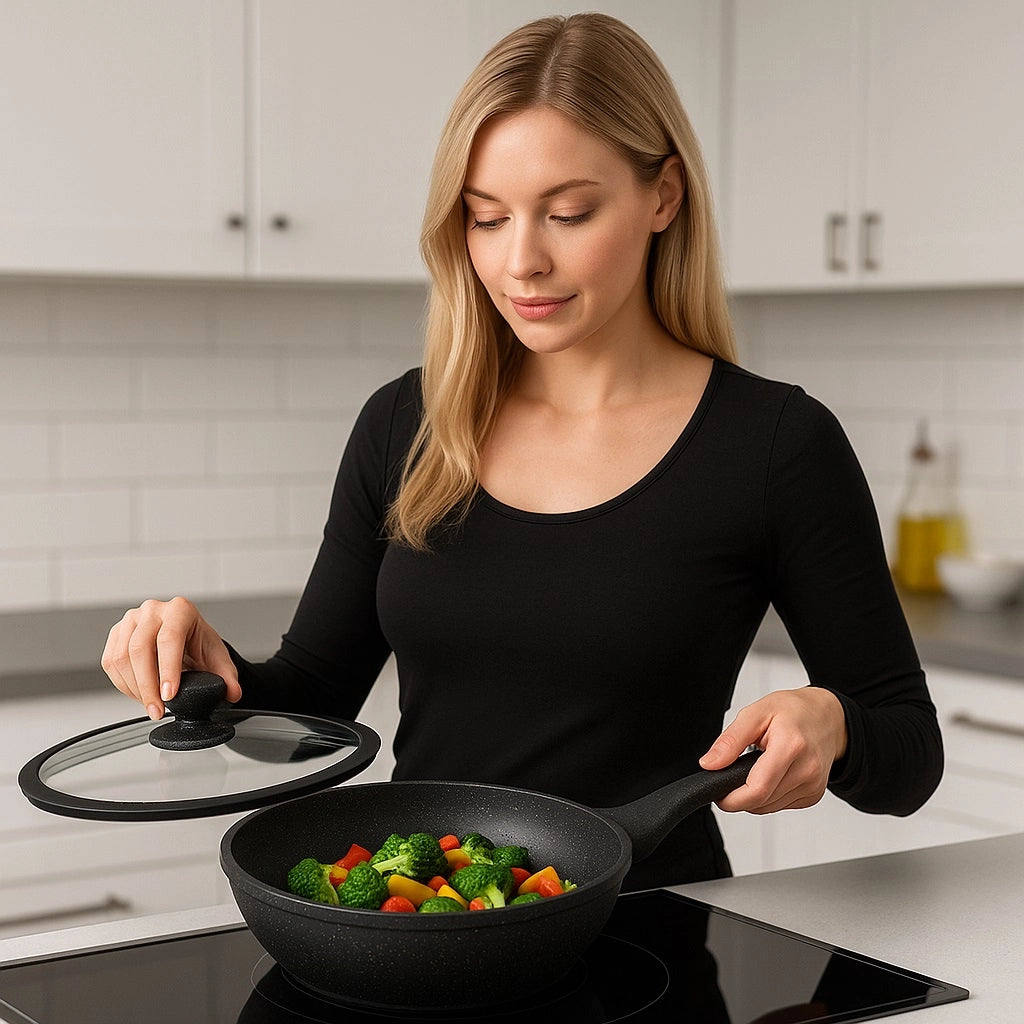 Set Padelle Induzione Pietra Antiaderenti 20/24/28 cm con Coperchi in Vetro Nero