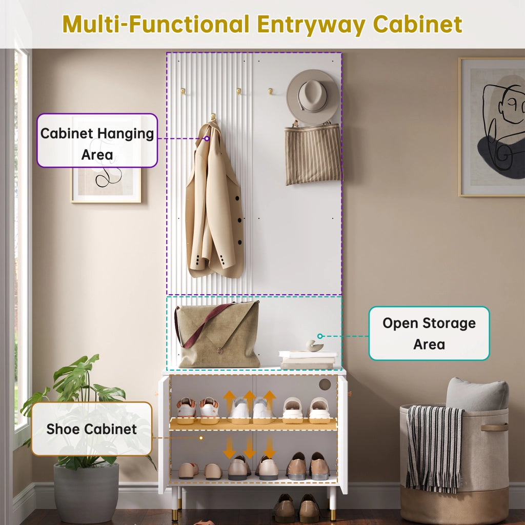 Mobile da ingresso con 6 ganci, scarpiera a 2 ante e ripiano regolabile, in PB e MDF, bianco, 70 × 35 × 180 cm