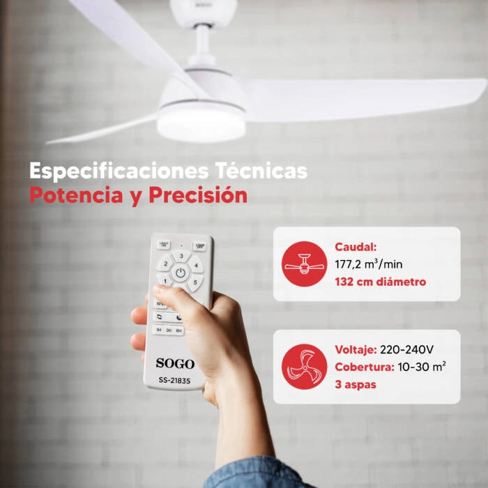 Ventilatore da soffitto 132 cm con luce LED 24W regolabile, motore DC silenzioso 6 velocità e telecomando, per stanze fino a 30 mq - Sogo