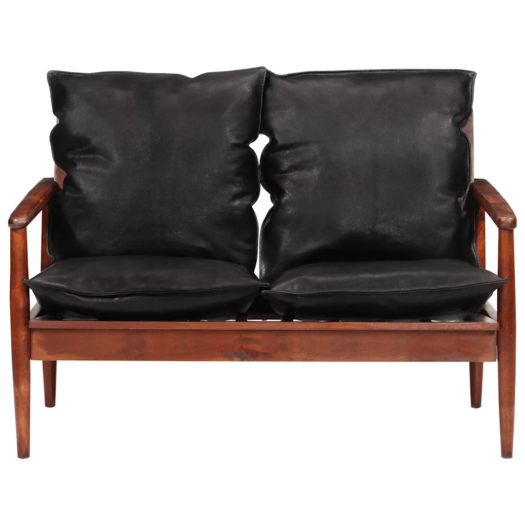 Divano 2 Posti Nero Vera Pelle e Legno Massello Acacia cod mxl 77331