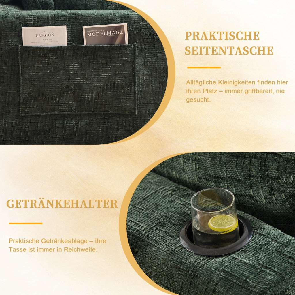 Divano modulare 3 posti con pouf; tasche laterali e cuscini; in chenille verde; 256x161x75 cm
