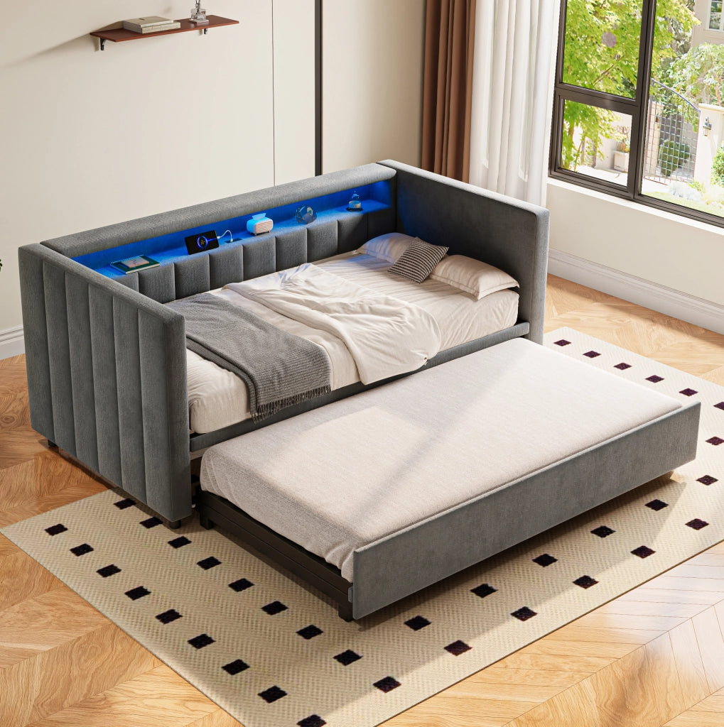 Letto estraibile 90x190 cm con LED e USB-Type-C in velluto grigio scuro