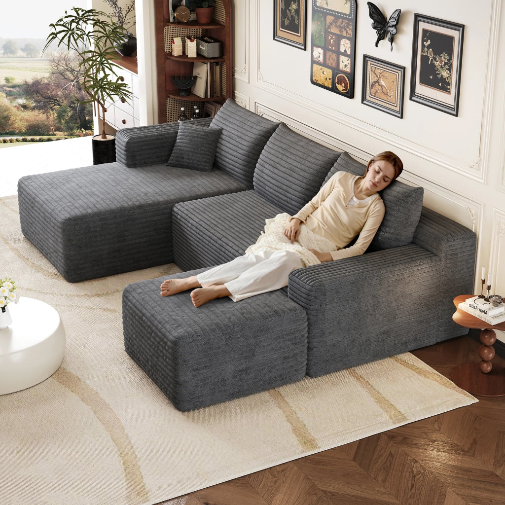 Divano angolare in tessuto con schiuma elastica e montaggio rapido in velluto a coste grigio scuro 241 × 151 × 58 cm