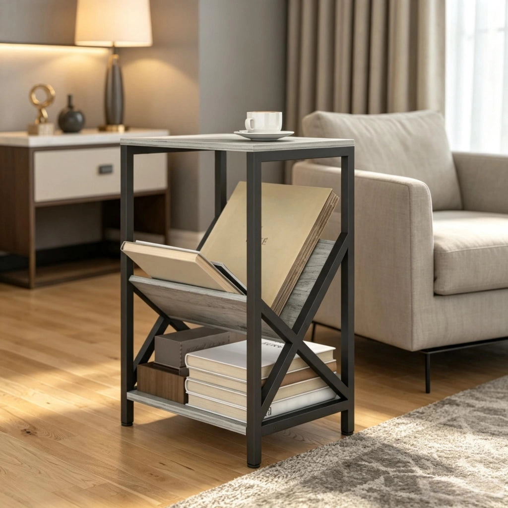 Consolle stretta con organizer a V e ripiano inferiore in legno grigio scuro e acciaio 40 × 30 × 61 cm
