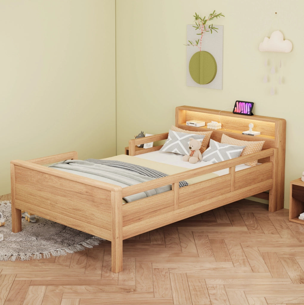 Letto singolo per bambini in legno con LED, USB-C e testiera con vano