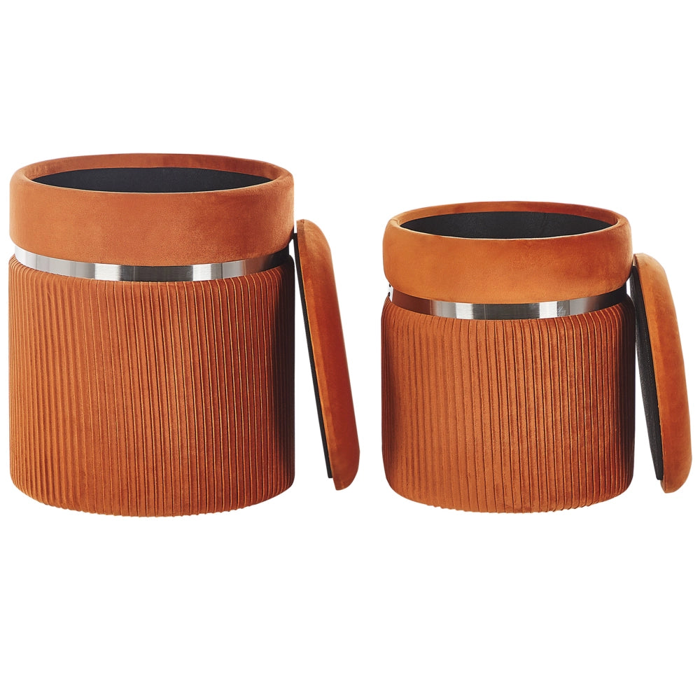 Set di 2 pouf Velluto arancione Fasce metalliche Glamour Contenitori interni Soggiorno Camera da letto