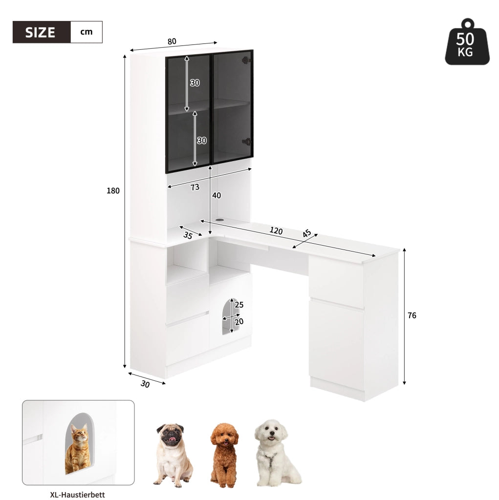 Scrivania ad angolo 120x80x180 cm con vetrina LED; in MDF bianco