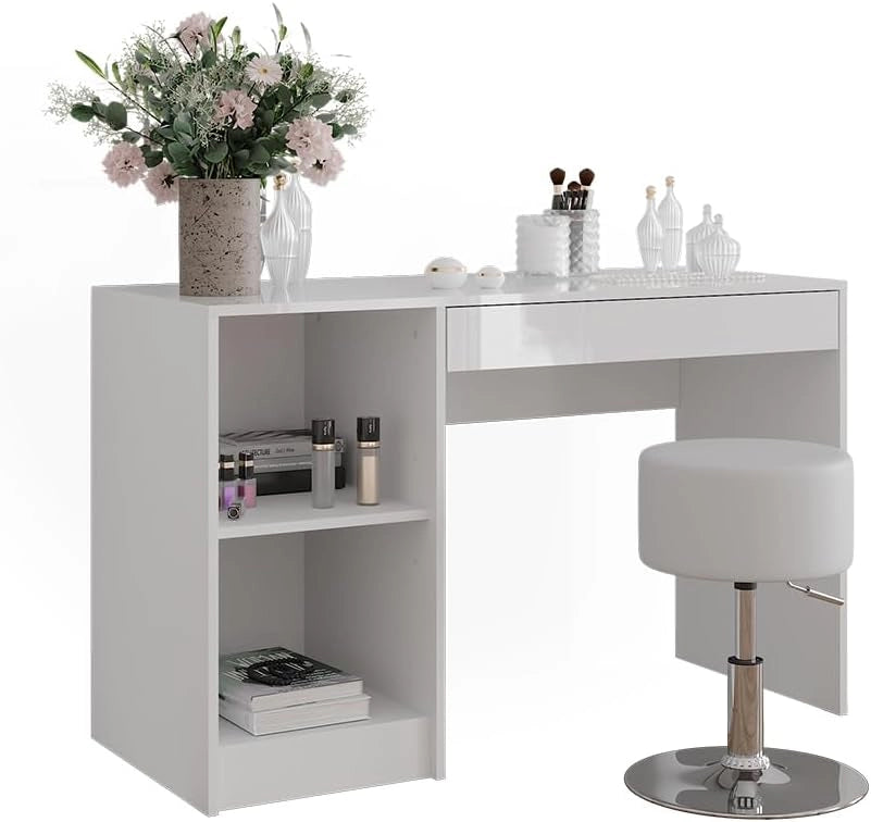 Tavolo da toeletta Sherry, Bianco/bianco lucido, 119.8 cm con sgabello, con specchio e ripiano per una conservazione organizzata