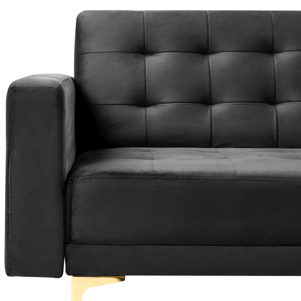 Divano letto in velluto nero capitonné in tessuto moderno soggiorno componibile a 3 posti gambe dorate braccio a binario