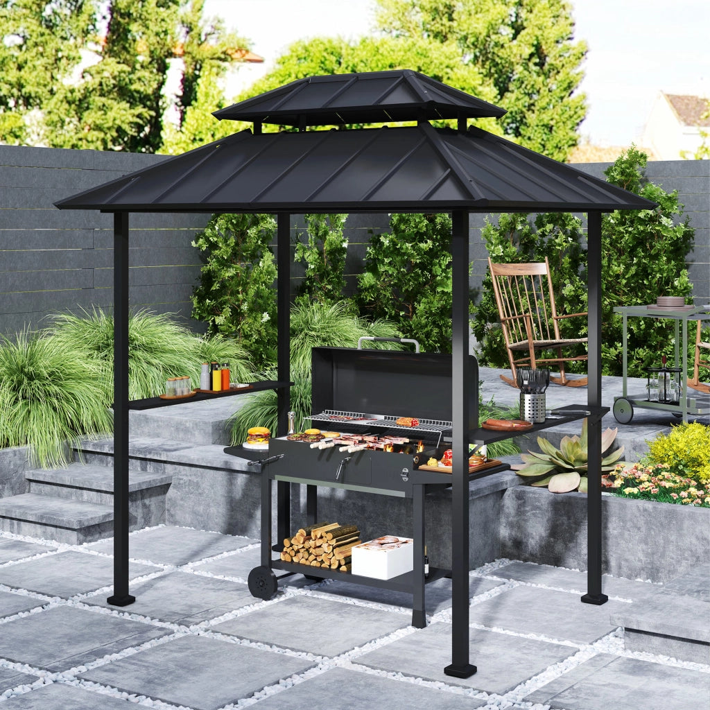 Gazebo Barbecue con Doppio Tetto Rigido 2 Ripiani e Gancio ¨C Zephmum ¨C 244x184x258cm Nero