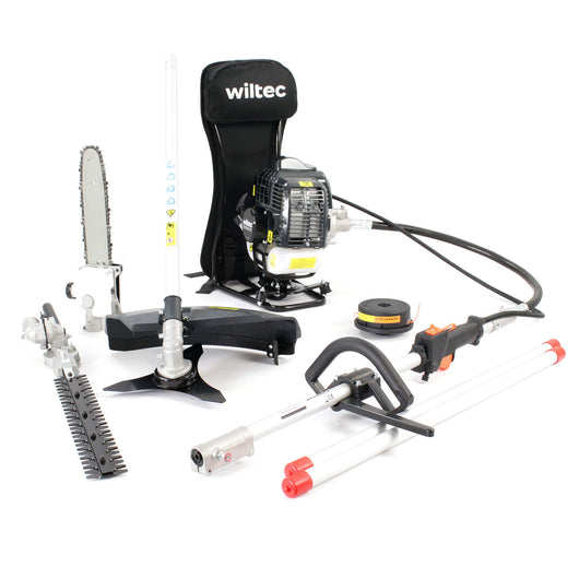 Attrezzo multifunzione da giardinaggio - Tagliasiepi, Tagliabordi, Decespugliatore, Potatore telescopico - Motore a 2 tempi