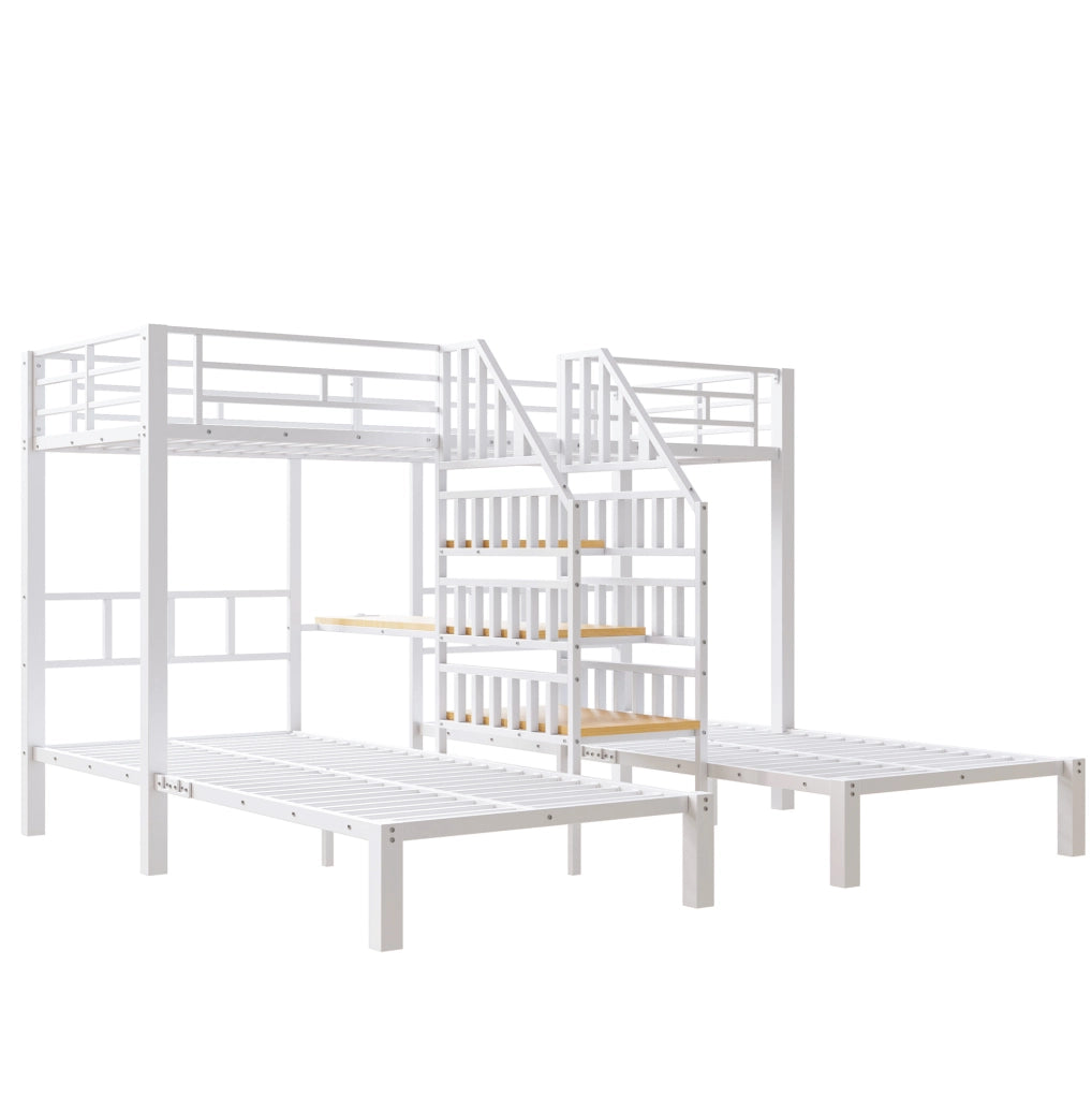 Letto a castello triplo 90x200 cm con LED; scrivania integrata; prese USB; bianco