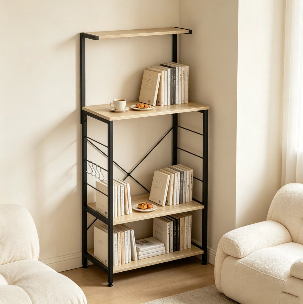 Scaffale per microonde 60x123x40 cm in legno ingegnerizzato e acciaio nero， 4 ripiani