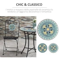 Set da Giardino 3 Pezzi con Mosaico, Tavolino e 2 Sedie Pieghevoli, Verde