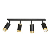 Plafoniera 4 Luci A Faretti Orientabili A Cilindro In Acciaio Nero E Oro
