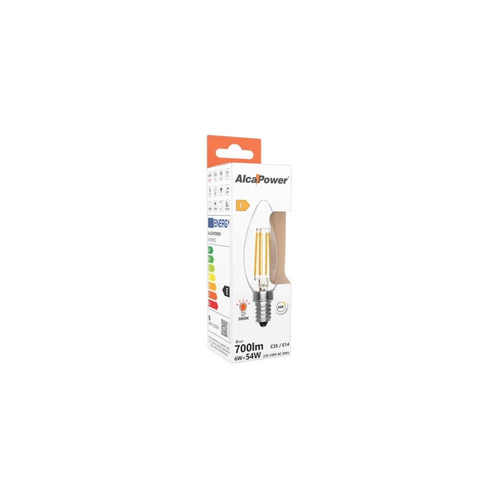 Alca power c35 6w 230v 810lm 3000k e14 lampada oliva a filamento a led vetro trasparente