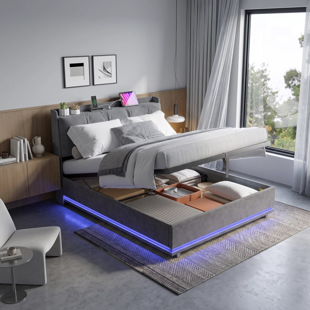 Letto matrimoniale 160x200 cm con contenitore;struttura letto con testiera imbottita e rete a doghe  LED e USB  rivestimento in velluto -beige