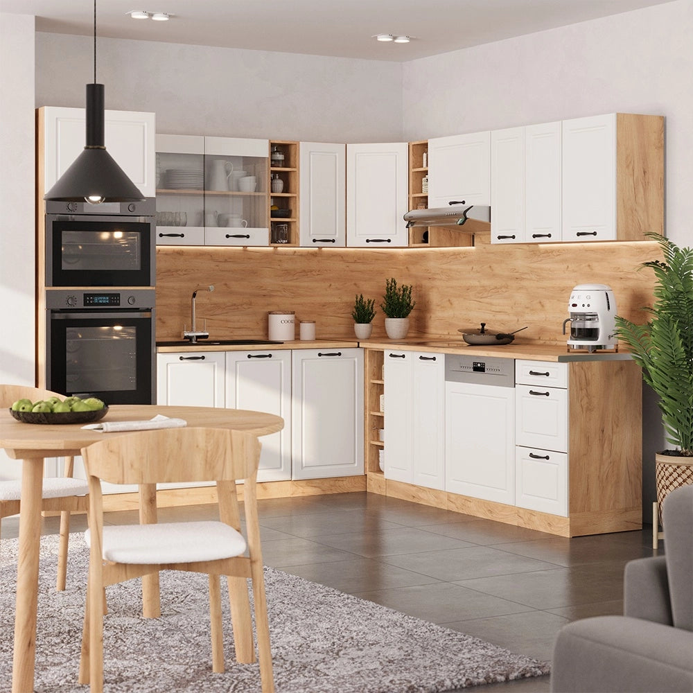 Cucina angolare completa R-Line Bianco rustico/Rovere dorato 247 x 237 cm, PL Antracite Vicco
