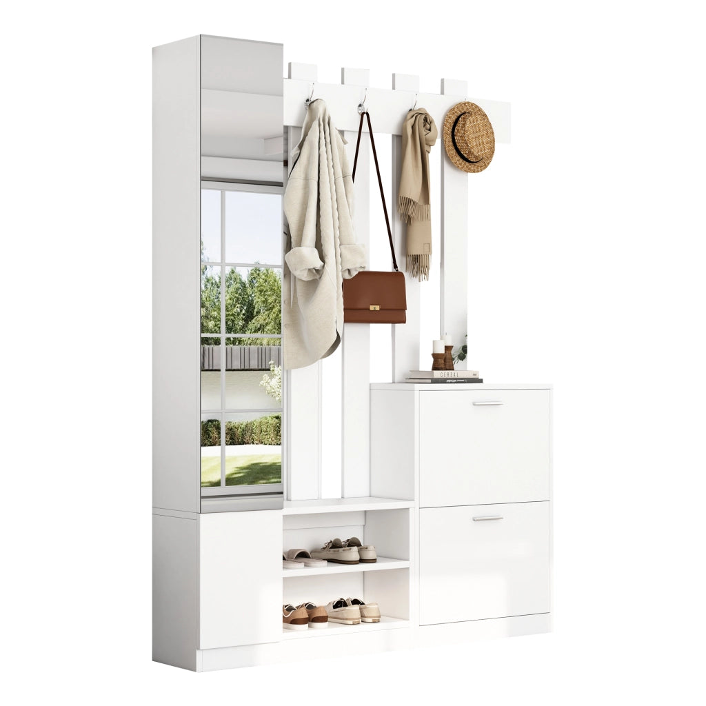 Set ingresso con specchio 135 x 25 x 180 cm, scarpiera salvaspazio con 2 scarpiere a ribalta, vani portaoggetti e 5 ganci, bianco