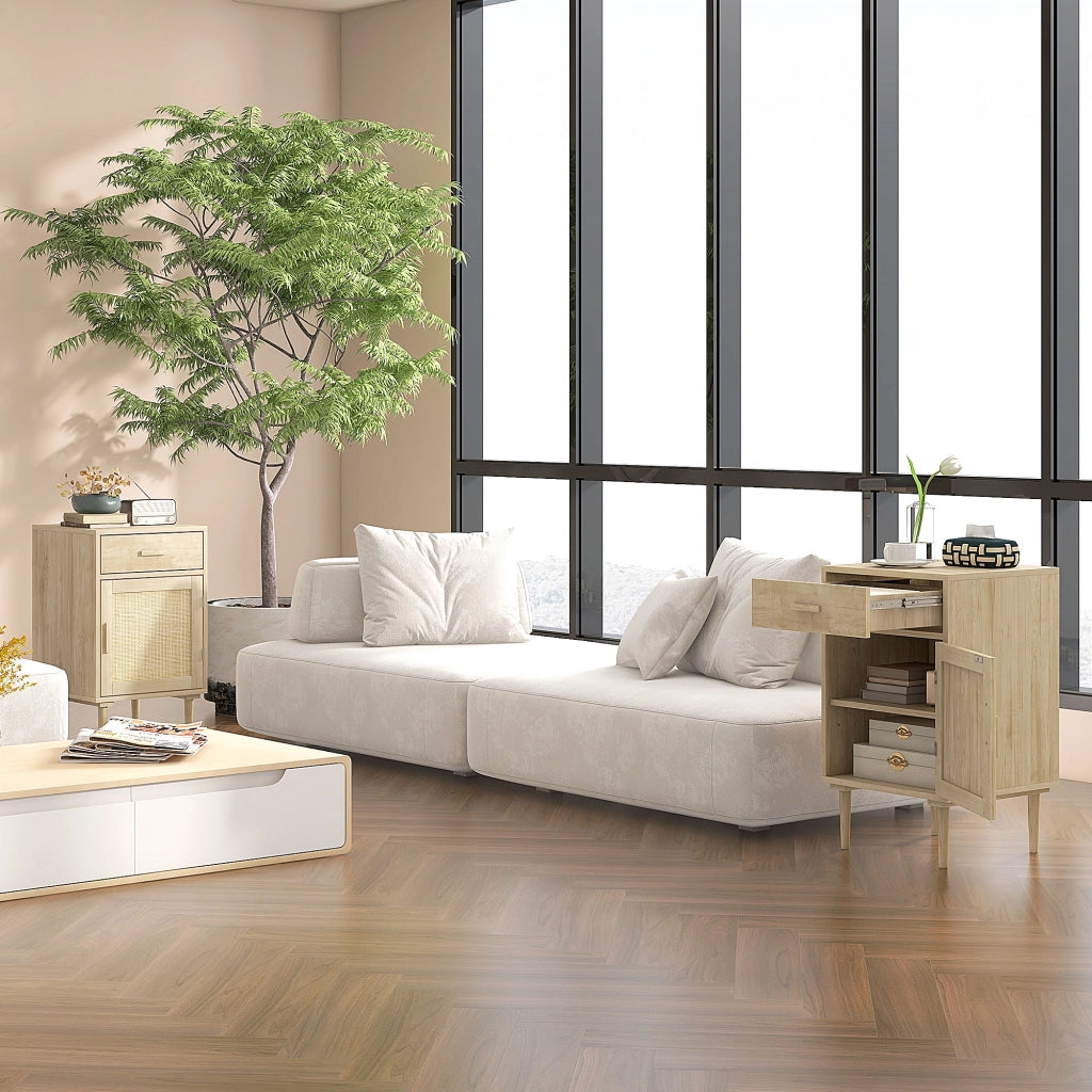 Comodino con cassetto e scaffale in rattan ¨C zephmum ¨C naturale 40x40x68,5 cm